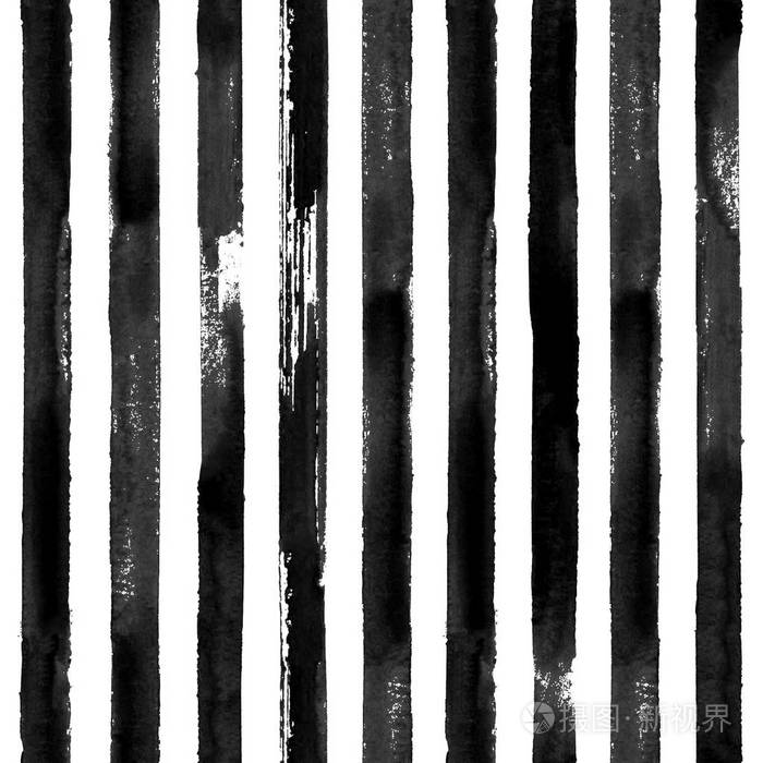 黑白水彩手绘条纹无缝图案白色背景与水彩画笔线墨黑色垂直条纹墨迹