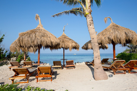 在阳光海岸的沙滩椅。菲律宾岛马拉
