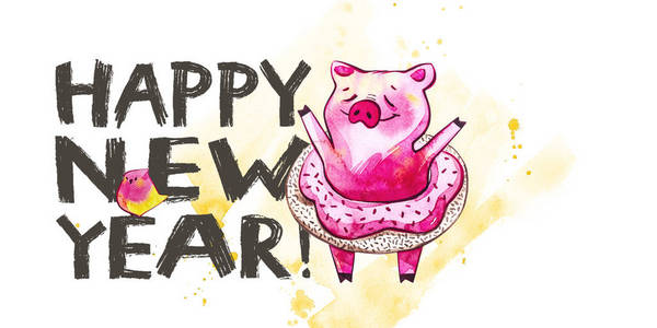 可爱的猪与创意2019新年刻字。中国日历中的年份符号。明信片水平格式水彩插图