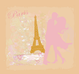 在巴黎艾菲尔铁塔附近接吻的情侣。复古 ca