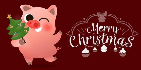 滑稽的微笑的猪装饰圣诞树海报卡片文字标志设计