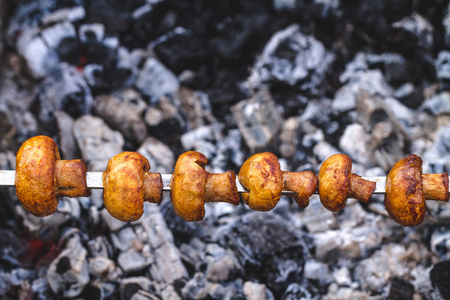 腌, 多汁的蘑菇准备烧烤在木炭的性质