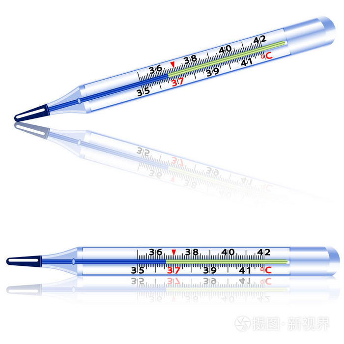 在白色背景上的医用玻璃水银温度计