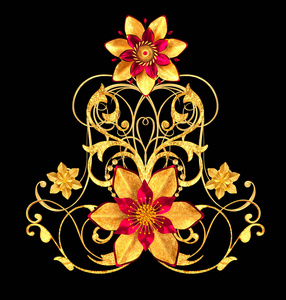 3d 渲染。金色风格的花朵, 细腻闪亮的卷发, 佩斯利元素。装饰角, 花纹