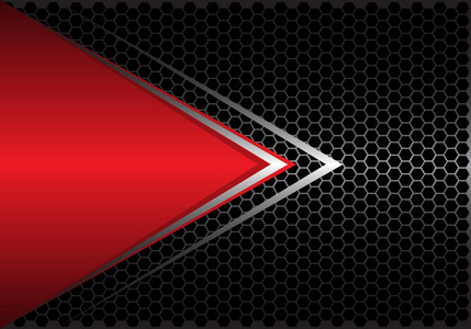 黑色六边形网格设计中的红色三角形银色箭头现代未来主义背景矢量插画