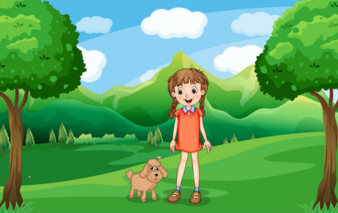 一个年轻的女孩和她的小狗在小山