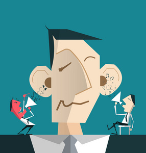 魔鬼与天使帮助他决定卡通商人照片