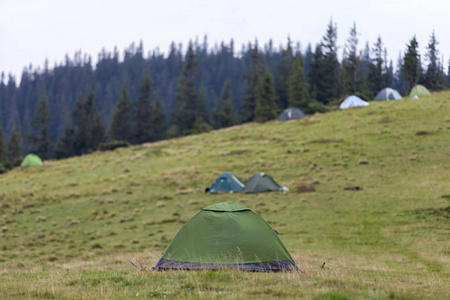 在日出前复制空间背景下, 在松树顶雾山和清澈的蓝粉色天空上的旅游帐篷特写。黎明时分, 夏天在山上露营。旅游业, 远足概念