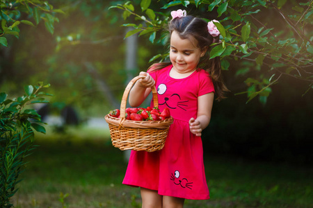 可爱的小女孩摆在阳光明媚的花园新鲜的红色草莓