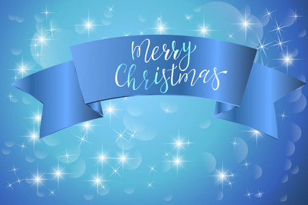 圣诞快乐, 在一个明亮的背景与星星的蓝色缎带上题词
