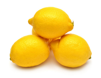 三个柠檬被查出在白色背景。热带水果。平面布局, 顶部视图