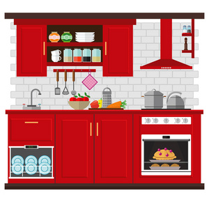 厨房配有家具器具和器具。关于内部主题的向量例证