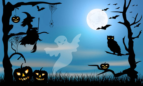 万圣节的设计鬼 巫婆 南瓜 猫头鹰 蜘蛛和蝙蝠在黑暗的田庄蓝色和大月亮背景