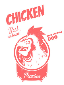 在徽章的卡通鸡微笑着照片