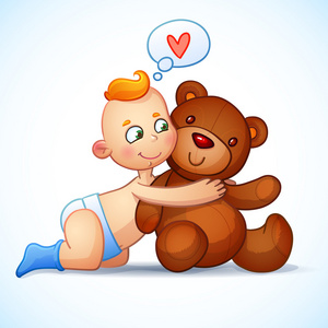 白色背景上的宝贝男孩红发拥抱泰迪熊玩具。复活节泰迪熊毛绒玩具。小男孩深情地望着那只熊