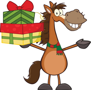 微笑着举起一堆礼物的马的卡通人物