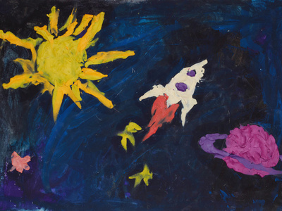 儿童绘画火箭在太空中飞行图片