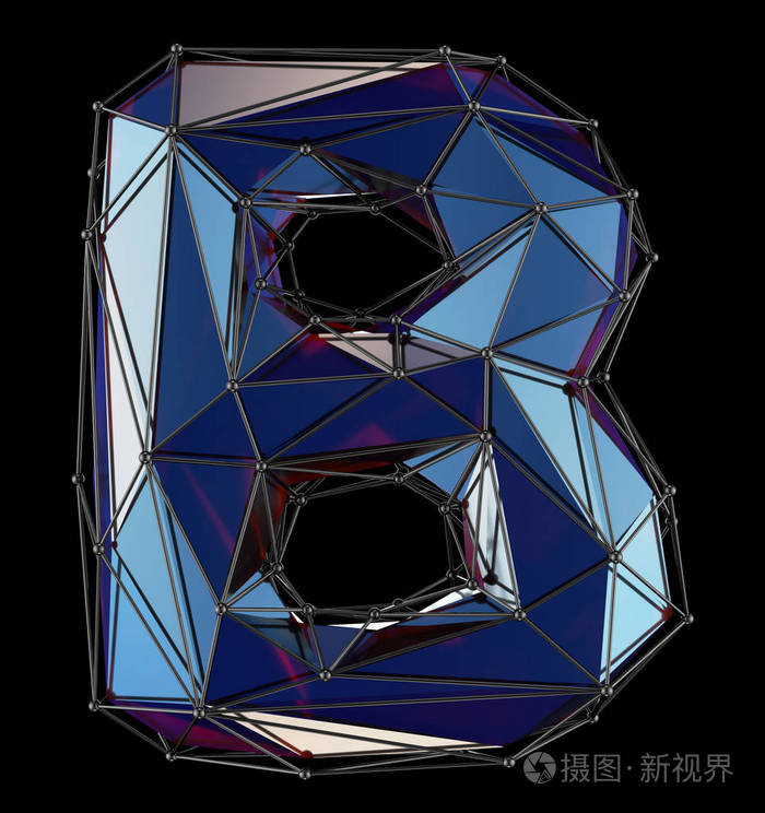 大写拉丁文字母 b 在黑色背景下的低聚型蓝色颜色隔离