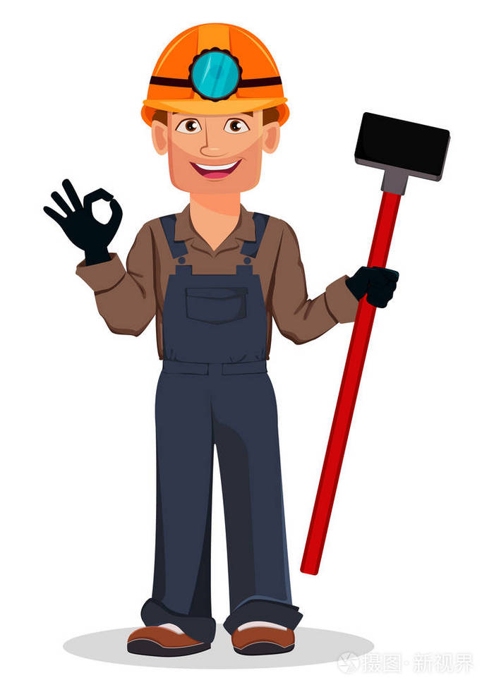 英俊的卡通人物持有大锤和显示 ok 标志.白色背景上的矢量插图