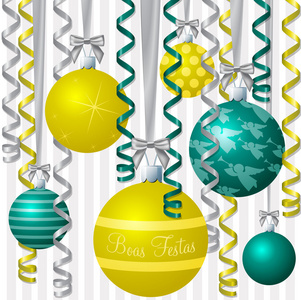 巴西葡萄牙 aqua 和黄色的丝带和摆设启发圣诞快乐卡在矢量格式