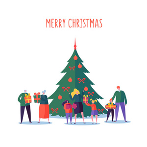 圣诞快乐, 新年快乐家庭聚会。平人字符父母和孩子与祖父母和圣诞树。矢量插图