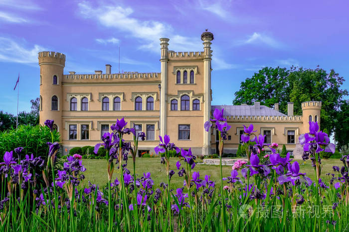 古老的黄色砖庄园在农村与花在它前面, 美好的夏天天以蓝天