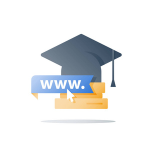 网络学习, 在线教育, 远程学习, 毕业帽和书籍栈, 光标箭头点击
