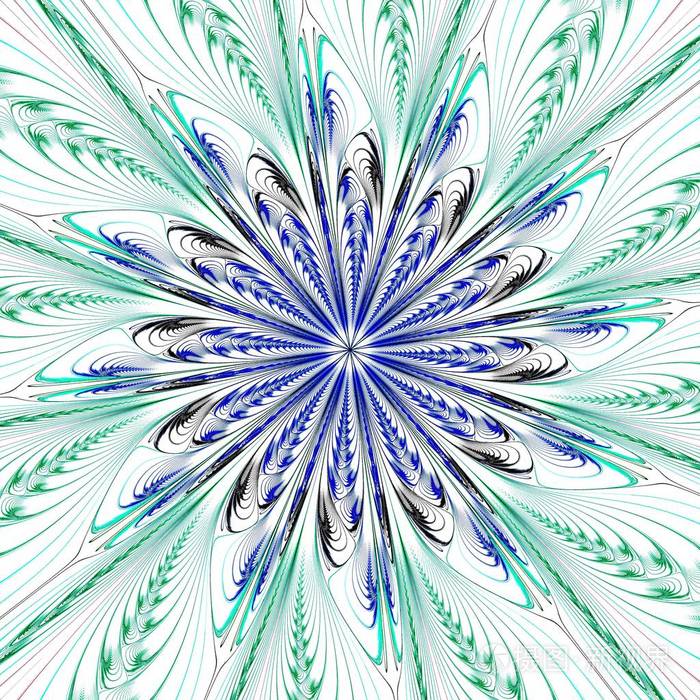 美丽的对称分形蓝色曼荼罗, 花或蝴蝶, 数码艺术品为创意平面设计.