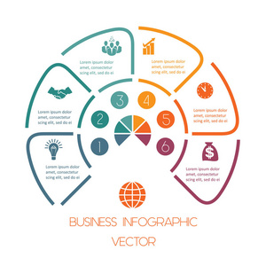 图表半圆模板从五颜六色的线与文本区域在六个位置。业务图表