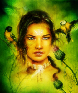 年轻女子的脸，鸟和花，分形影响眼睛接触的肖像