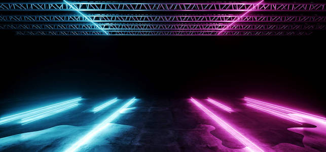 现代抽象科幻未来阶段建筑与霓虹灯发光紫和蓝色灯在混凝土湿反射地板空壁纸3d 渲染插图