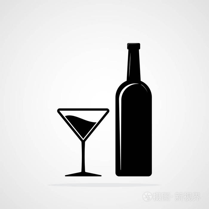 一个瓶子和一杯葡萄酒的剪影.矢量插图.黑瓶子和酒杯