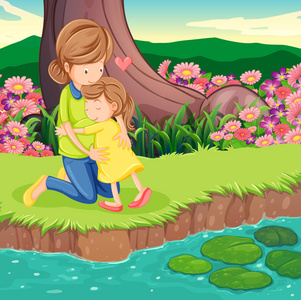 一位母亲抱着她的女儿在河岸边