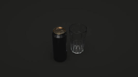 模拟高大的黑色啤酒可以 0.5 l 和黑色背景上的一个空杯子。设计或品牌模板。3d 渲染插图