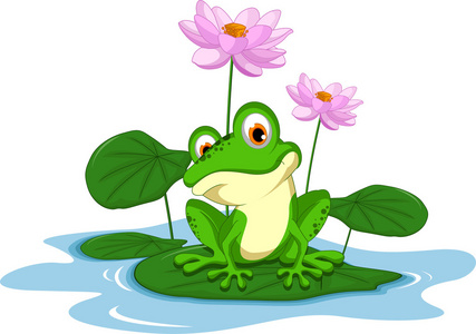 坐在一片叶子上的有趣的绿色青蛙卡通