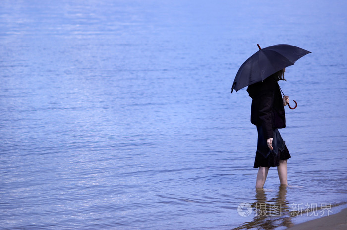 蓝色的水背景上雨伞的女孩