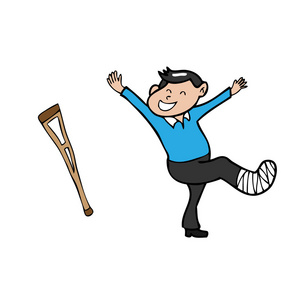 骨折卡通男子腿部骨折的石膏快乐照片