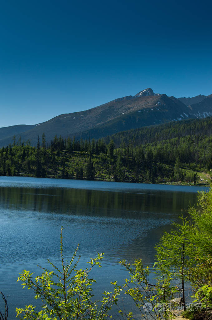 前景上绿意盎然的湖泊和山脉的景色