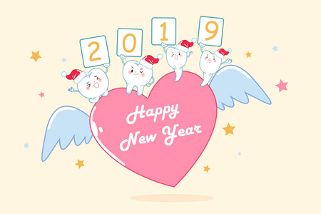牙齿与2019年快乐的新年在黄色背景