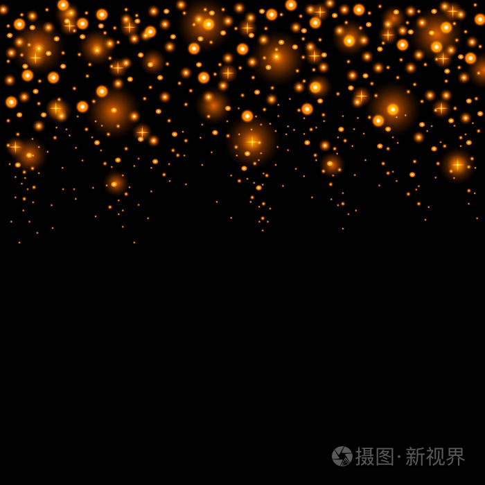 灯光,闪光,尘埃和星星正在落下.黄金砂子.在黑色背景上隔离.用于装饰