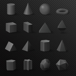 基本容积黑色菱形图形设置.具有阴影的现实矢量基元照片