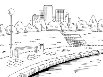 公园河图形黑色白色风景素描图矢量照片