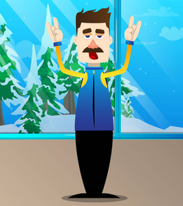 滑稽的动画片男子身着摇滚的手在冬天的姿势。向量例证