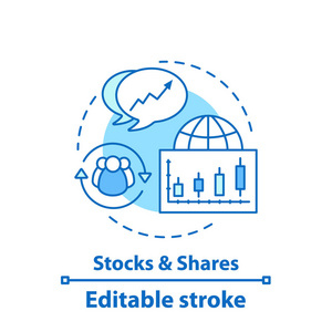 股票和股票概念图标。市场分析想法细线例证。贸易分析。利润增长。矢量隔离轮廓绘图。可编辑笔画
