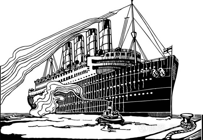 完整的向量例证的葡萄酒高度详细的跨大西洋船舶雕刻插画-正版商用