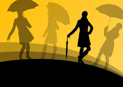 妇女的雨伞和雨衣剪影抽象季节性供电系统