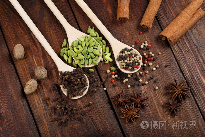 各种香料在木制的勺子