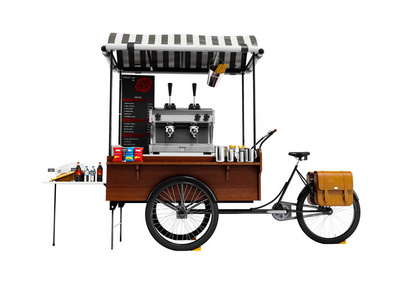 便携式咖啡屋在自行车出售咖啡在公园3d 渲染白色背景无阴影