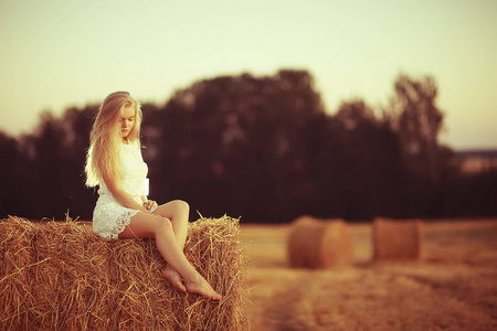 年轻美丽的妇女与长发摆在燕麦场, 暑假