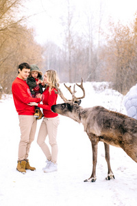 在新年来临之前, 在雪冬林里, 鹿和美丽幸福的家庭带着一个小孩